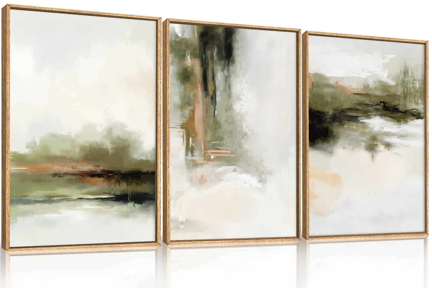 KAIRNE Green Brown Abstract Neutral Framed Canvas Wall Art Set-24"x36"x3 | Watercolor Shapes Wall Decor,Minimalist Brush Stroke Art Prints,Modern Tan Artwork for Living Room,Bedroom,Farmhouse,Office