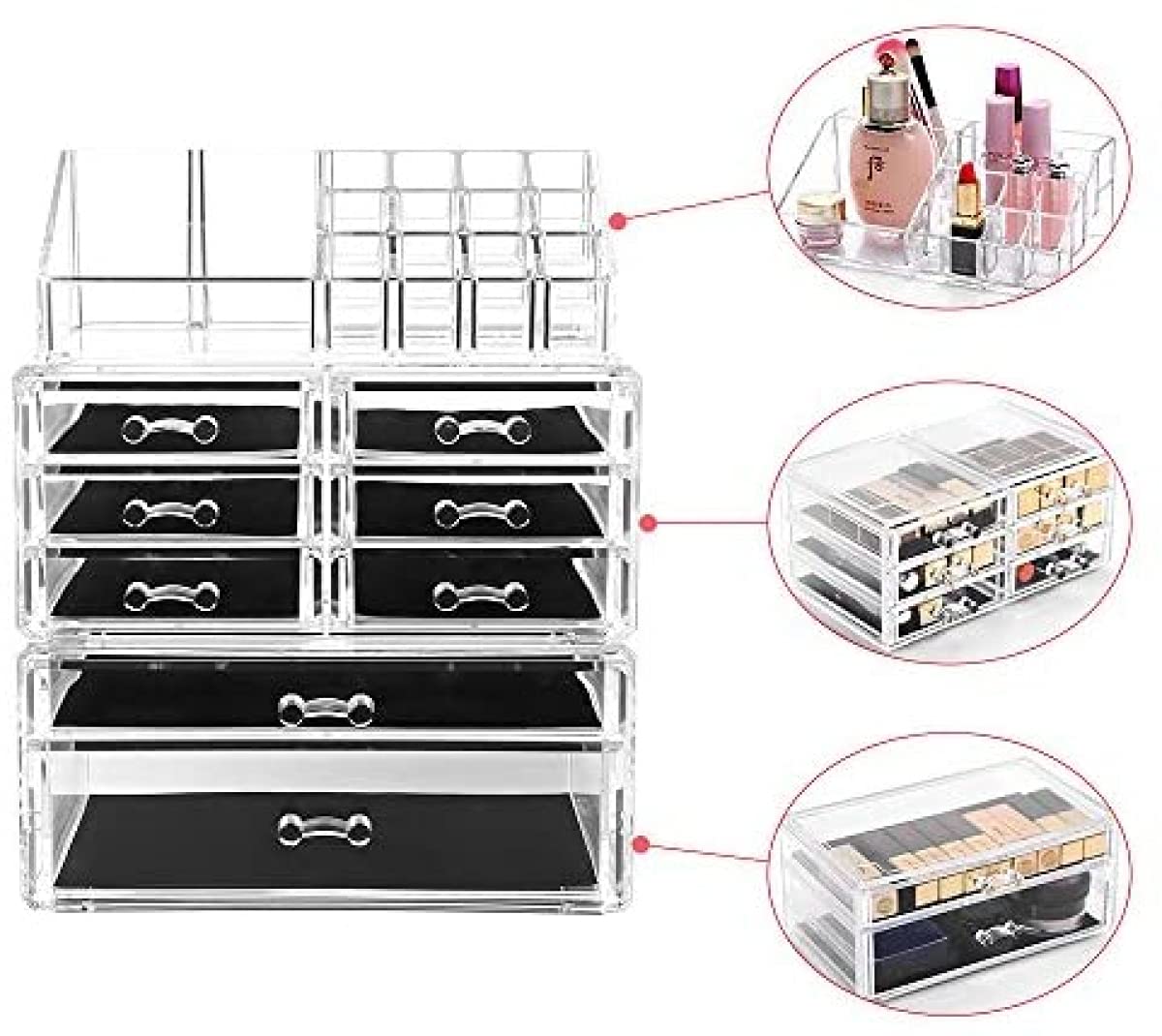 BERTY·PUYI Organizador De Maquillaje Acrílico Cajas De Almacenamiento De Cosméticos con 3 Divisores Extraíbles Organizador De Cosméticos Cajones para Lápiz Labial, Pinceles, Joyería Y Base