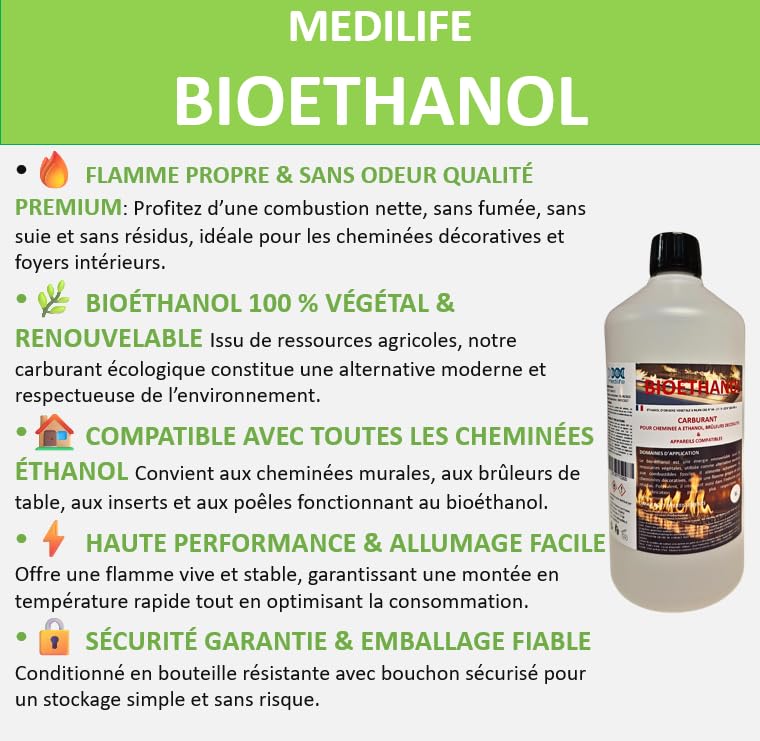 Bioetanolo 1L X 15 - Combustibile ecologico Premium per camini stufe in acciaio inox - Fiamma pulita, senza odore e fumo - Risorse vegetali - alte prestazioni e sicurezza (1Lx15)