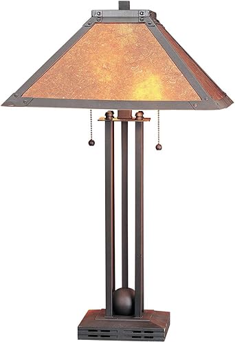 Gray Metal Two Light Cylinder Table Lamp With Amber Square Shade - Thumbnail 2