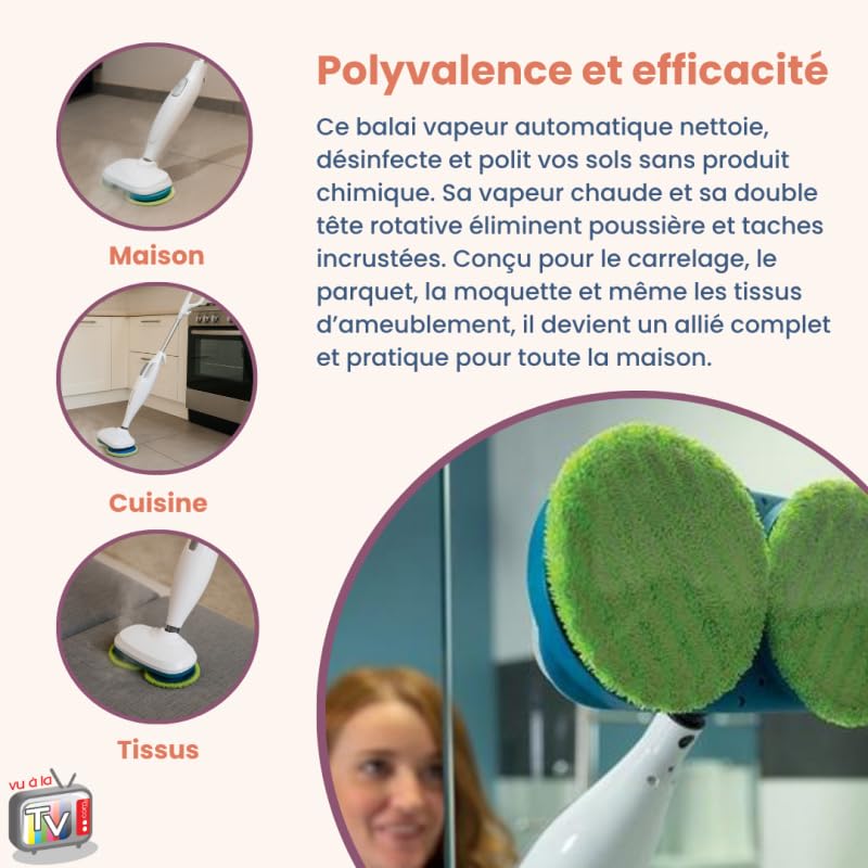 VENTEO - Balai Vapeur Rotatif Double Tête | Nettoyeur Vapeur Haute Température | Balai Serpillière Microfibre pour Sol Carrelage Parquet | Nettoyage Désinfection Décolle Saletés Tenaces Sans Effort