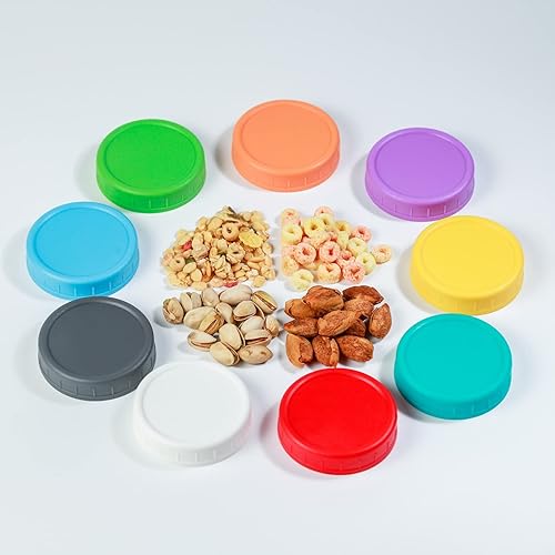 Miniatura 4 de Bedgeta Paquete de 14 tapas de plástico para tarros de masón, 7 de boca ancha y 7 tapas de tarro de boca regular con anillos de silicona, tapas