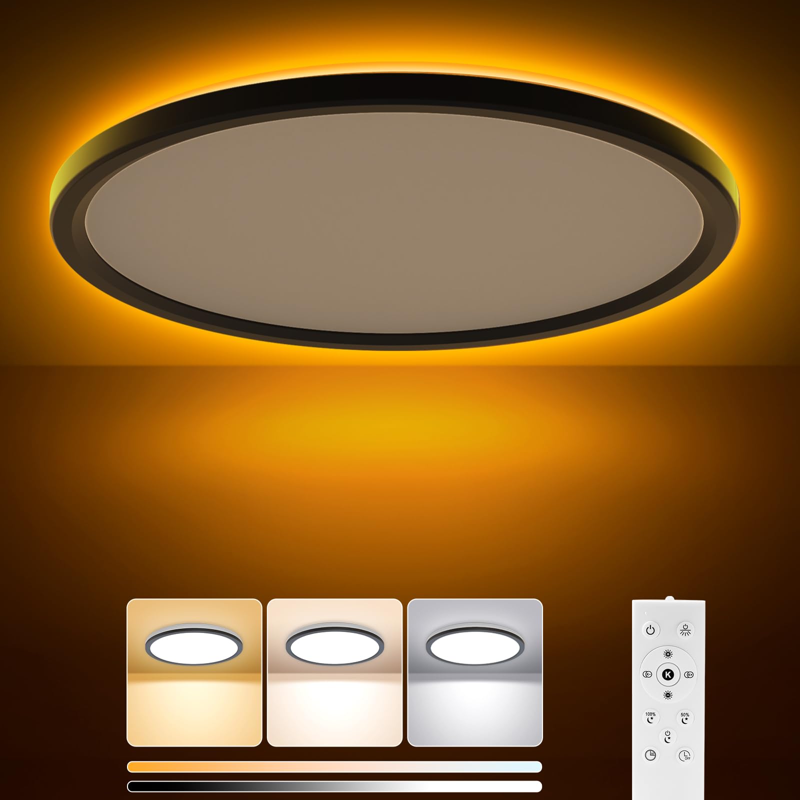 Photo 1 of 15 Inch LED Flush Mount Ceiling Light with Remote, 36W 3600LM 1800K/2700K/4000K/6500K Dimmable Ceiling Light with Night Light Low Profile Ceiling lights for Bedroom, Dining Room, Living Room-Black