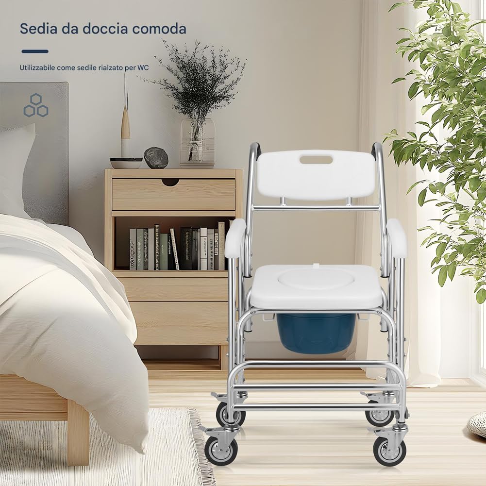 BAKAJI Sedia a Rotelle Impermeabile con WC e Coperchio Rimovibile, Seduta Ergonomica Comodo con Toilette Inclusa, Struttura Resistente, 4 Ruote Piroettanti e Maniglie Ergonomiche, 55 x 70 x 96 cm