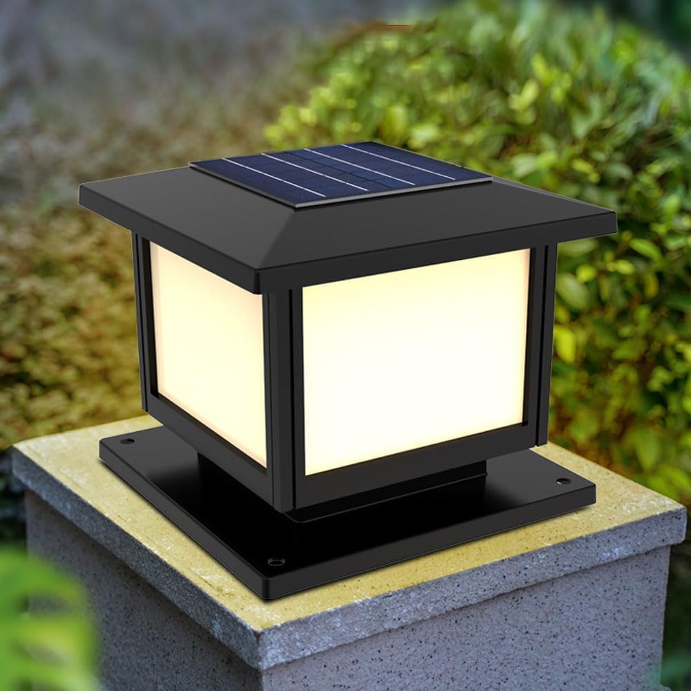 Decorazione Domestica Lanterne solari da Esterno per Cortile 4 luci Copertura per palo da Esterno LED Farmhopuse Luce Moderna Lampada da Lanterna a Colonna con Montatura su molo Quadrato Nero