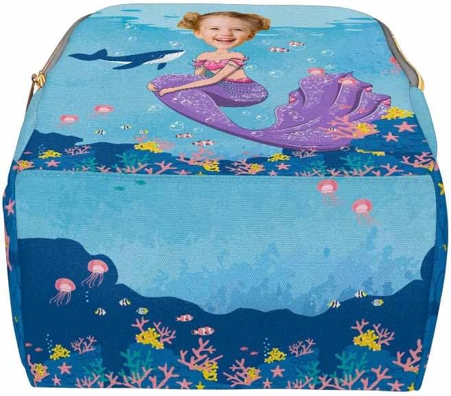 Personalized Diaper Bag for Baby Girls, Custom Mermaid Diaper Bag with Photo Name, Customized Toddler Kids Backpack for School & Travel, Multi-function Baby Bags Handbag Shoulder Bag for Teens Girls