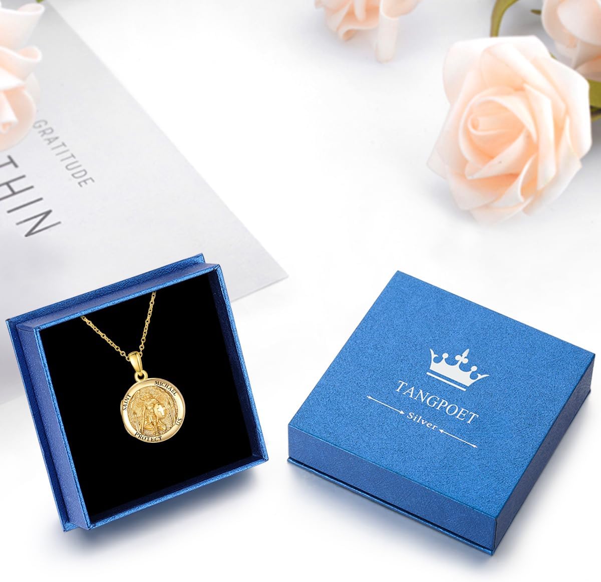 TANGPOET Round Saint Medal Pendant Necklace for Women 925 Sterling Silver 14K Gold Mother of Pearl Catholic Religious Christian Jewelry Gifts for Birthday Christmas Baptism - Image 7