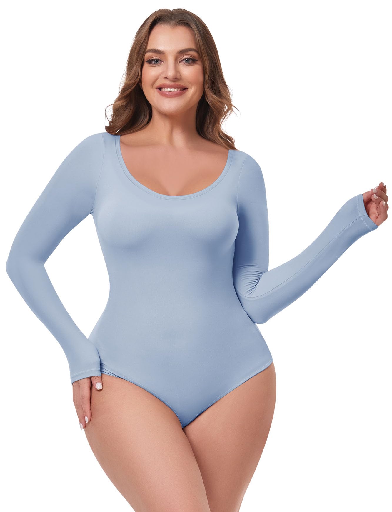 VVXWomen's Scoop Neck Long Sleeve Bodysuit Soft Basic Tops T Shirt Body Suit for Women Clothing - Blue XL/2XL