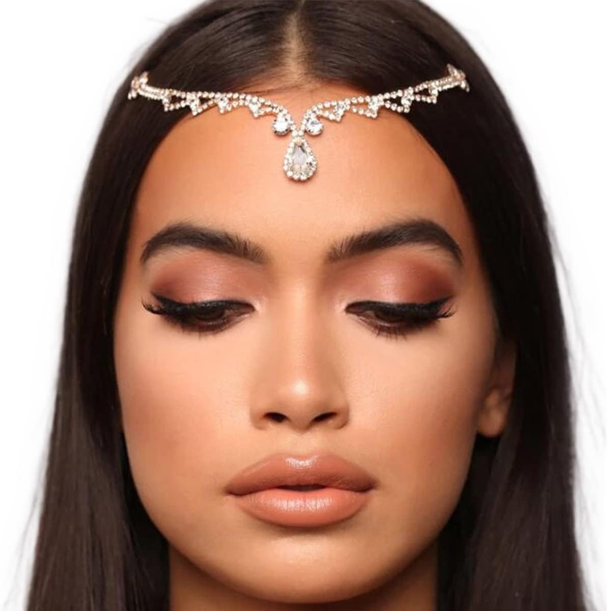 STONEFANSBridal Rhinestone Forehead Head Chain Clip Boho Crystal Teardrop Headpiece Wedding Festival Hair Accessories for Women Gift (Silver1)