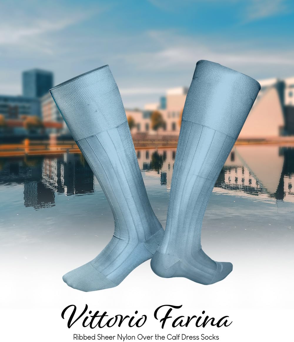 Men's Ribbed Sheer Nylon Over the Calf Dress Socks – Breathable Suit Tuxedo Trousers Socks (3-Pack)