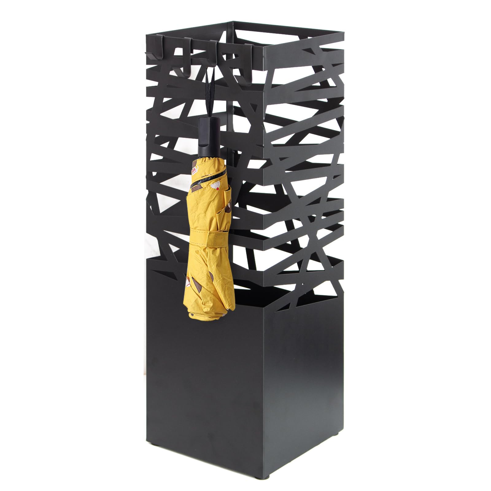 Todeco Porte Parapluie Métal Carré avec 4 Crochets et Bac d'égouttement Amovible, Noir