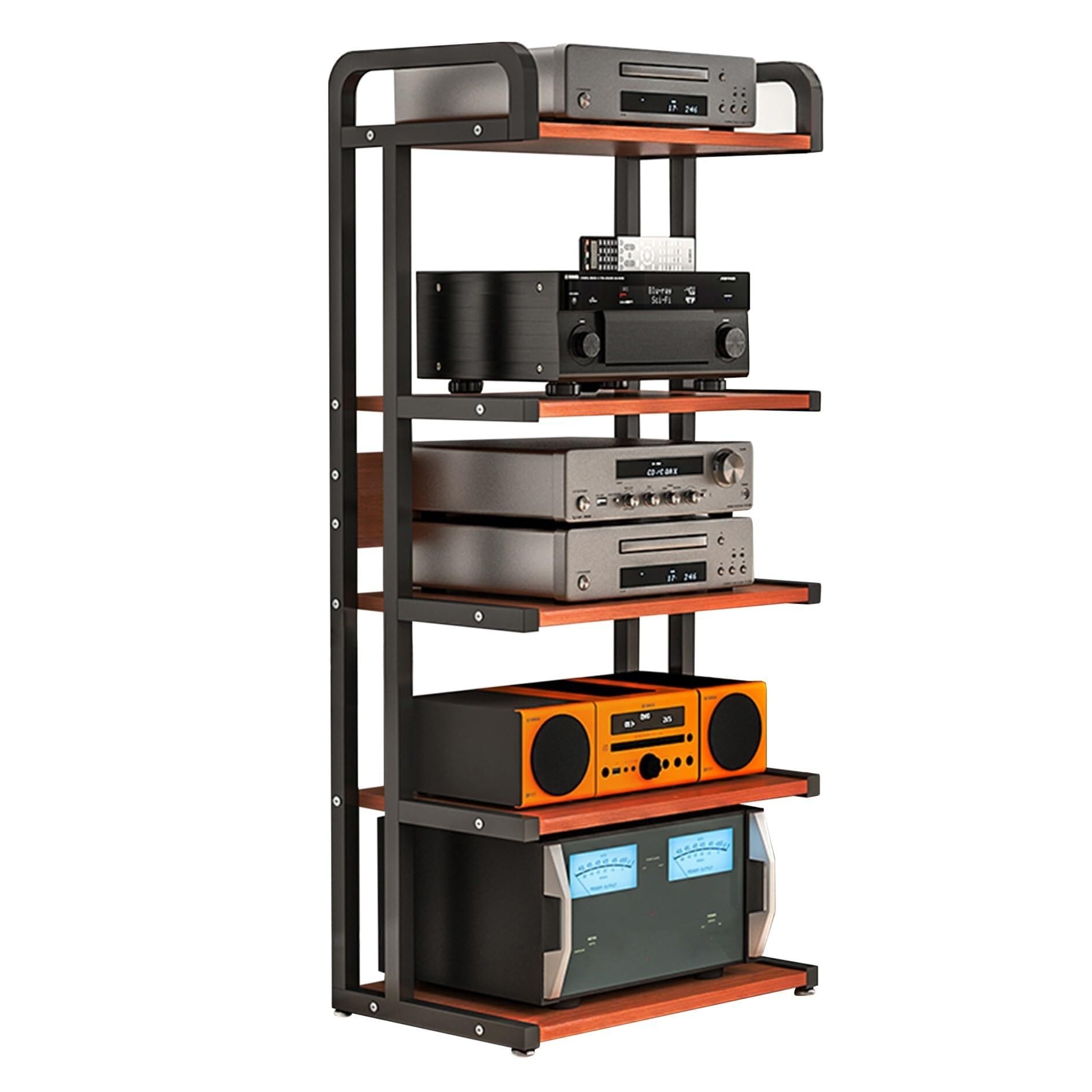 HiFi-Regal, AV-Regal, 3/4/5 Etagen, Multimedia-Aufbewahrungsschrank für Zuhause, Büro, Geschäft und Theater, stilvolle HiFi-Stereo-Einheit in Schwarz und Teakholz, 50 x 40 x 145 cm