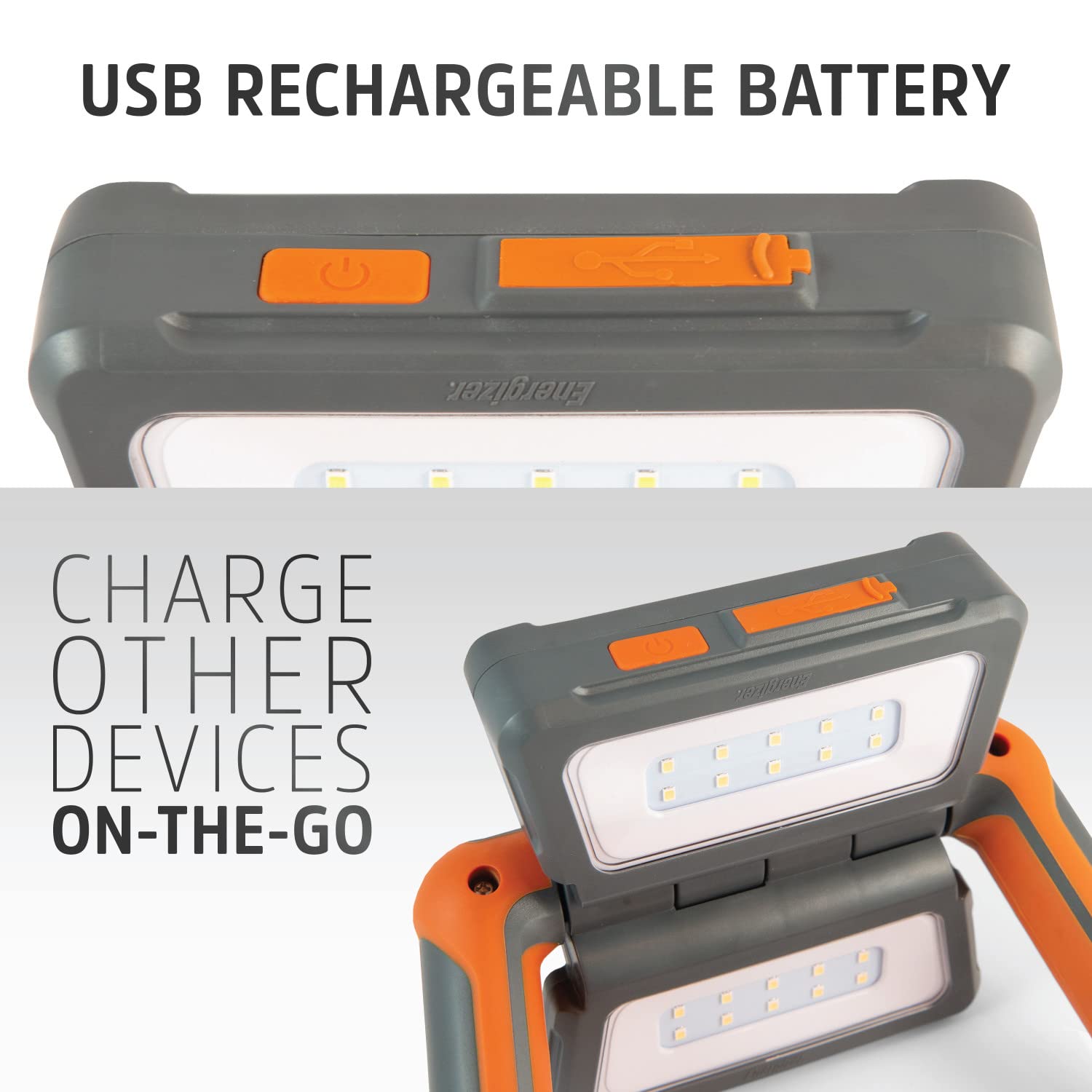 Energizer ENAWLL8 ENAWLL8 - Lanterna LED ricaricabile, luce da lavoro multi-pannello, resistente all'acqua, da campeggio, con cavo di ricarica micro-USB, colore: arancione/grigio, compatto