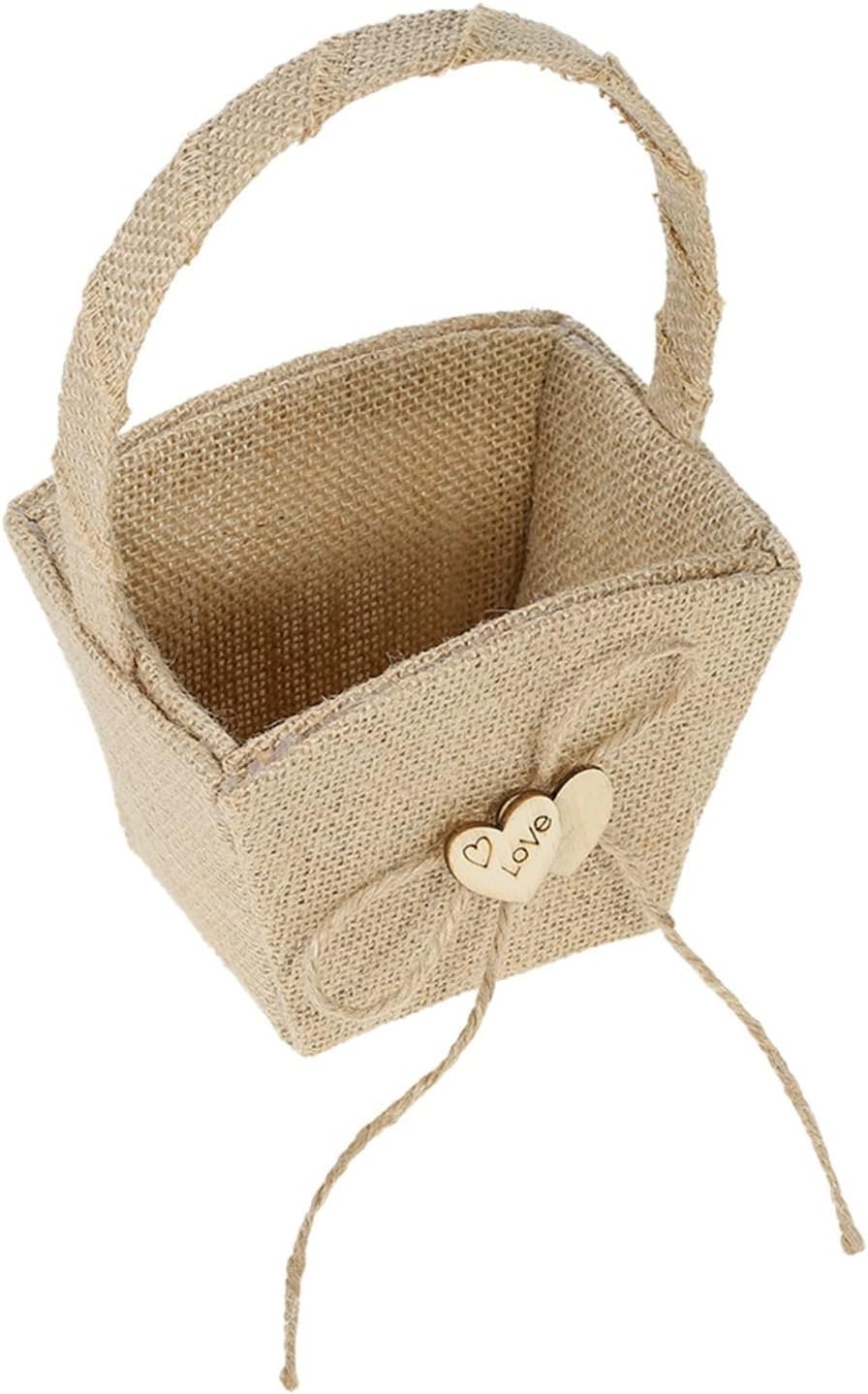 Wedding Flower Girl Basket Vintage Rustic Wedding Burlap Flower Girl Basket with Wooden Heart Decoration Wedding Supplies Flower Girl Flower Basket (Color : Khaki)