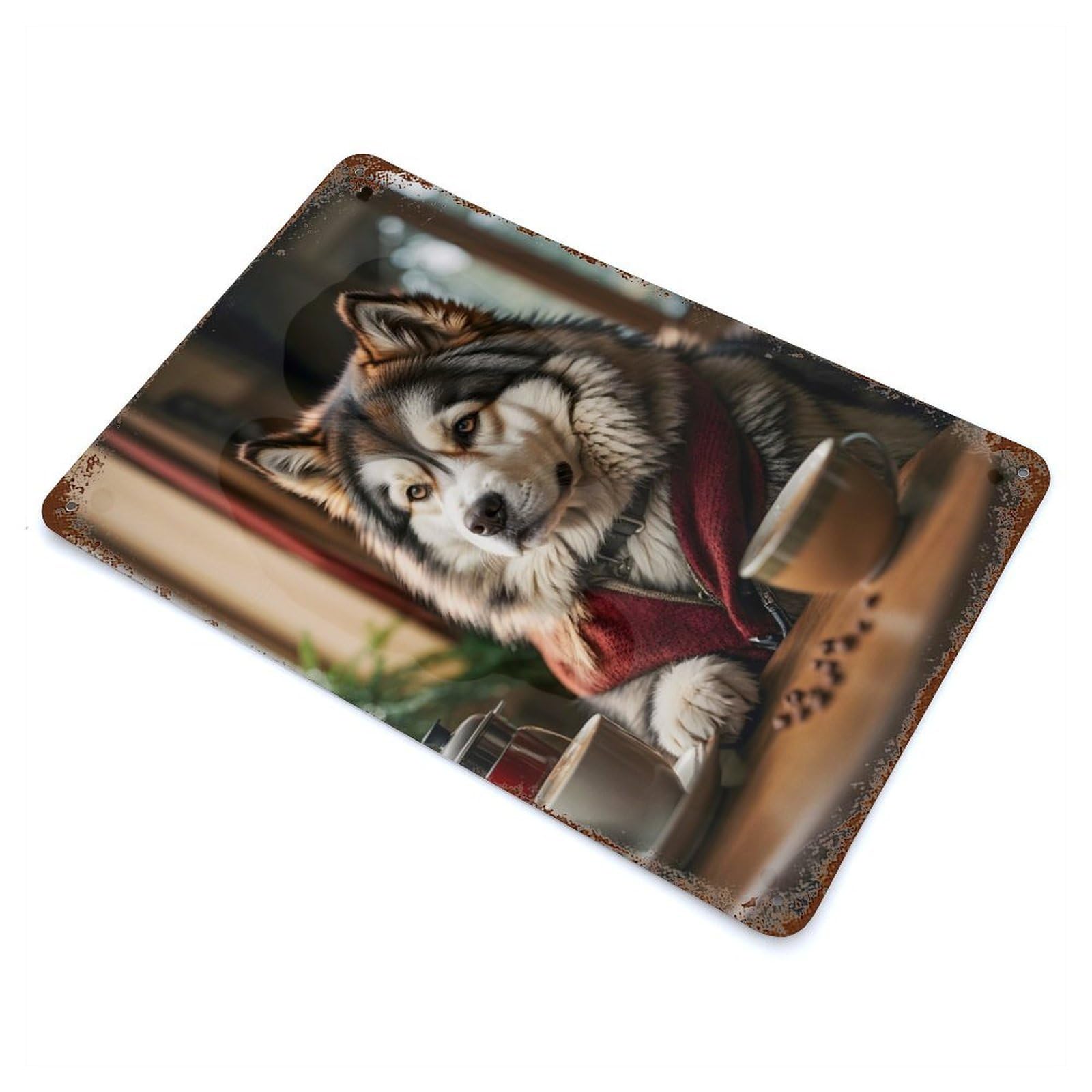 Rust Effect Dog Enjoying Morning Coffe Weathered Tin Sign 11.8"x7.9", Farmhouse Wall Decor for Farmhouse, Kitchen And Entryway Decor