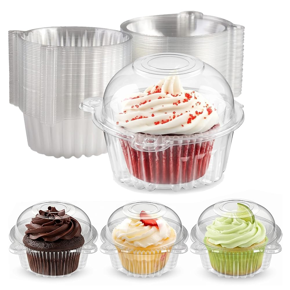 LOMUHM 50 PCS Clear Plastic Cupcake Containers, Food Grade PET Reusable Dessert Holders with Stackable Design for Birthday Wedding Party Home Baking Food Storage