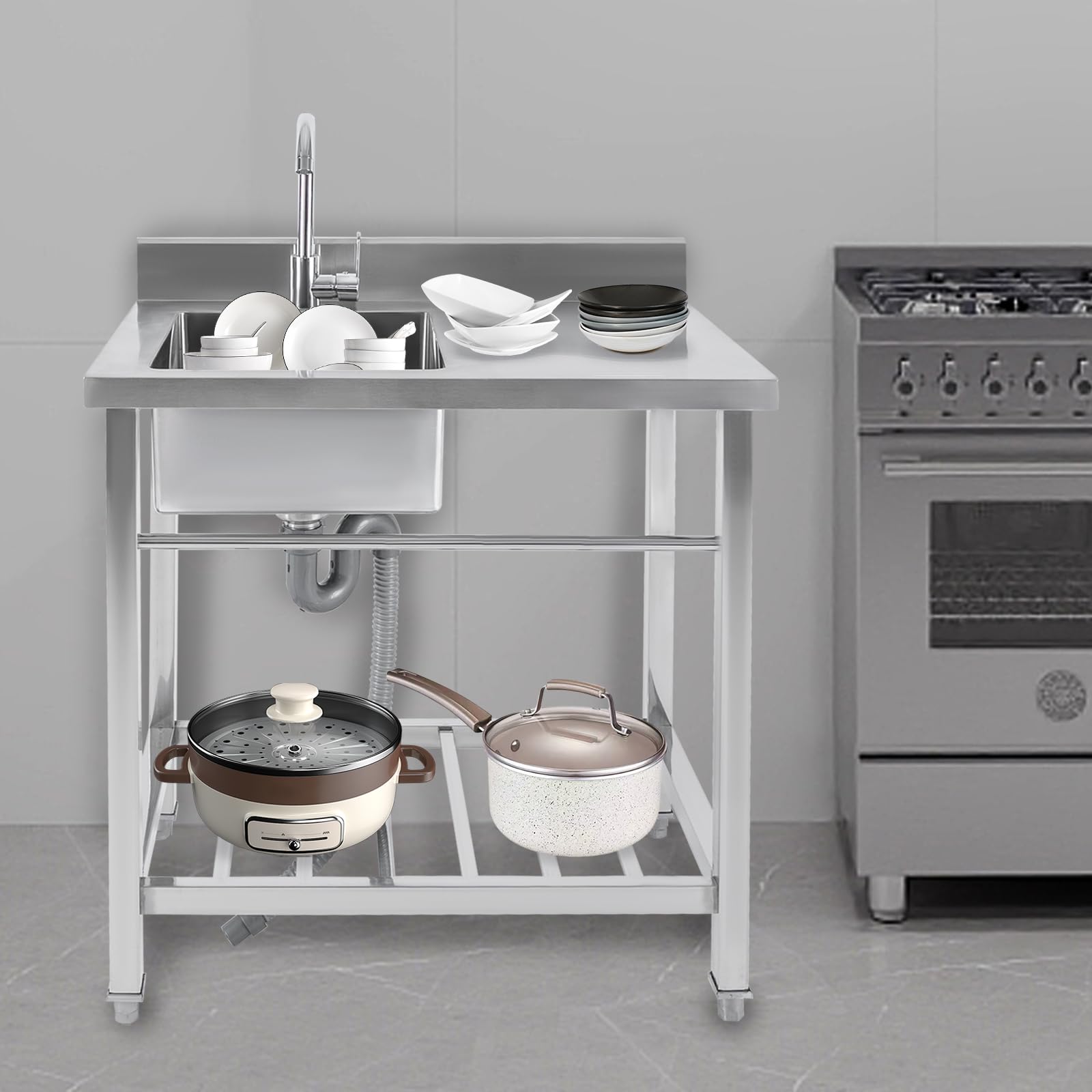 Fregadero de cocina de acero inoxidable, fregadero de cocina independiente, fregadero de cocina de pie de acero inoxidable, con grifo y banco de trabajo, con patas cuadradas, para exterior, interior