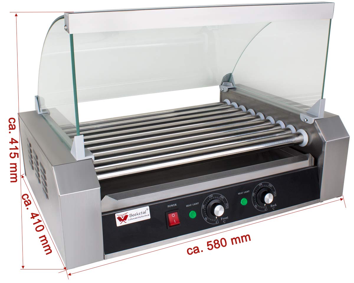 Beeketal 'BH9WG' Profi Hot Dog Grill mit 9 rotierenden Heizstäben, Edelstahl Würstchen Grill Gerät mit Fettauffangschublade und Glas Abdeckhaube, 2 Heizzonen separat stufenlos regelbar 50-250 °C