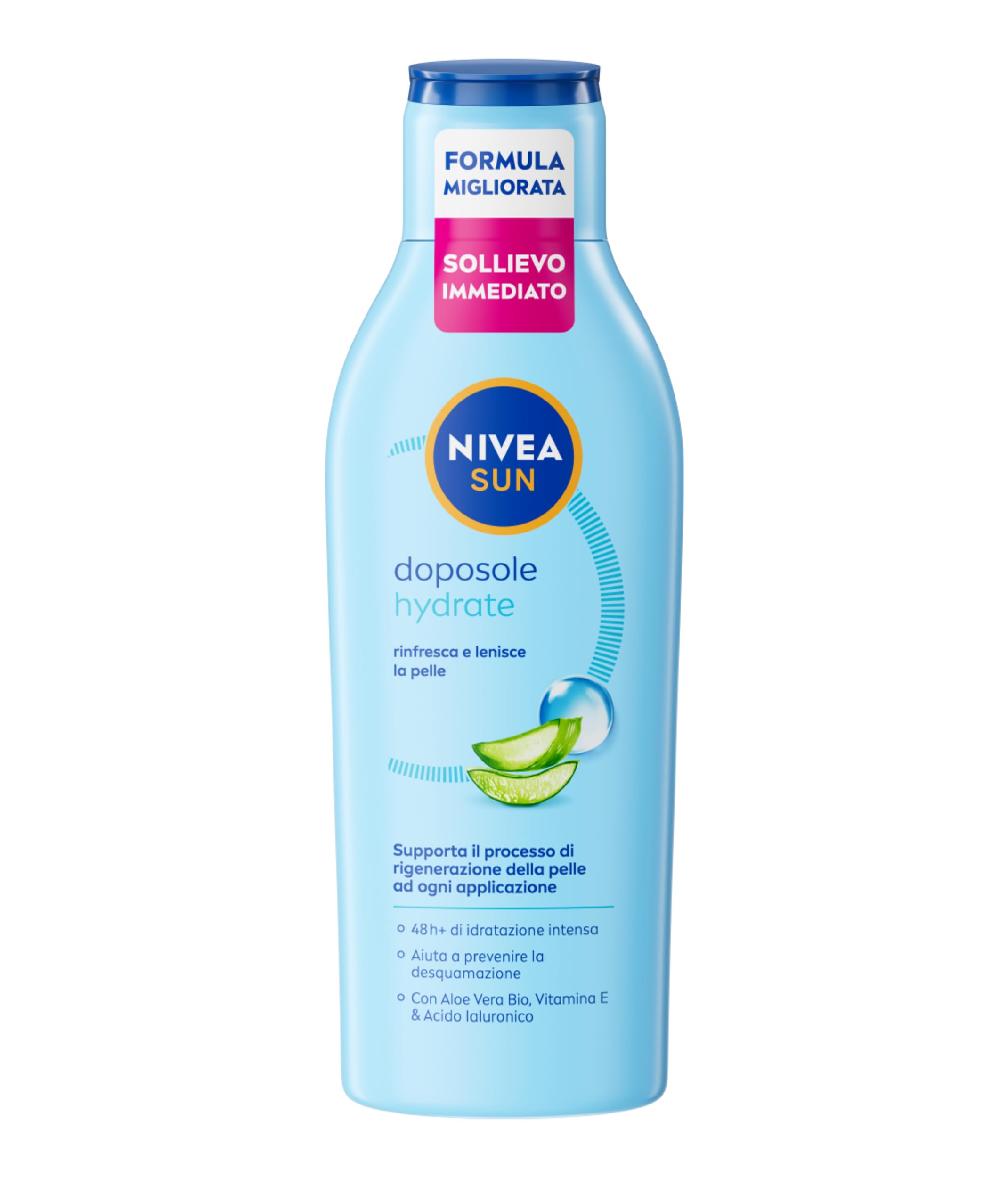 NIVEA SUN Doposole Hydrate 200 ml, Dopo sole idratante 48h, lenitivo e rinfrescante, Aftersun con Aloe Vera Bio, Vitamina E e Acido Ialuornico, Assorbimento rapido, Tutti i tipi di pelle