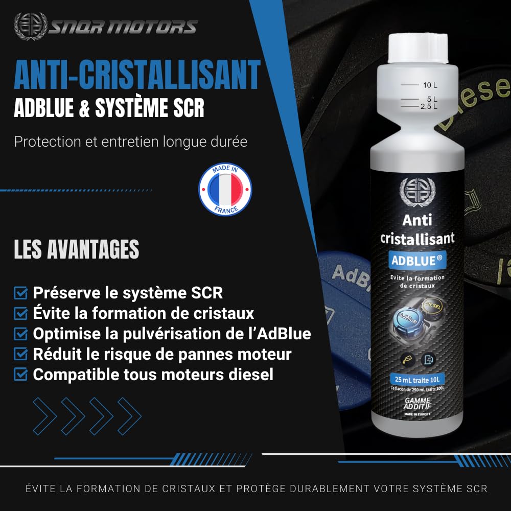 Anti-Cristallisant AdBlue Additif 250mL – Prévention Cristallisation, Protection SCR, 1 Flacon Traite 100L, Anti-Cristaux, Anti-Panne, Nettoie Injecteur – Compatible Voiture, Camion
