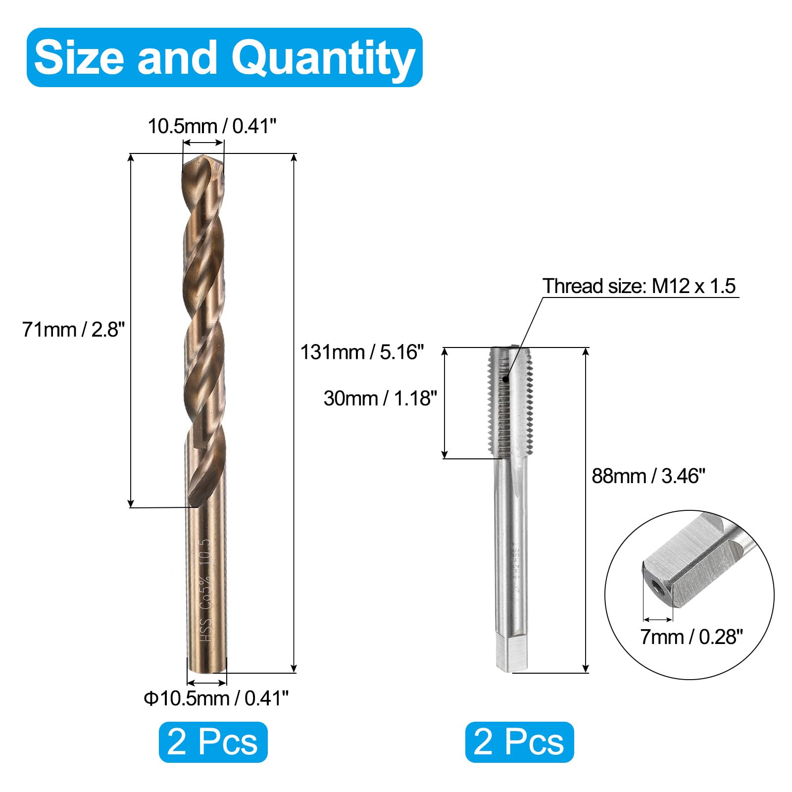 QUARKZMAN Set di Punte e Maschi per Filettare, 2pz M12 x 1.5 Metrici Maschi a Filettare a Flauto Dritto & 2pz Punte da Trapano da 10.5mm, Non Rivestiti/Giallo Tostato HSS-6542/M35