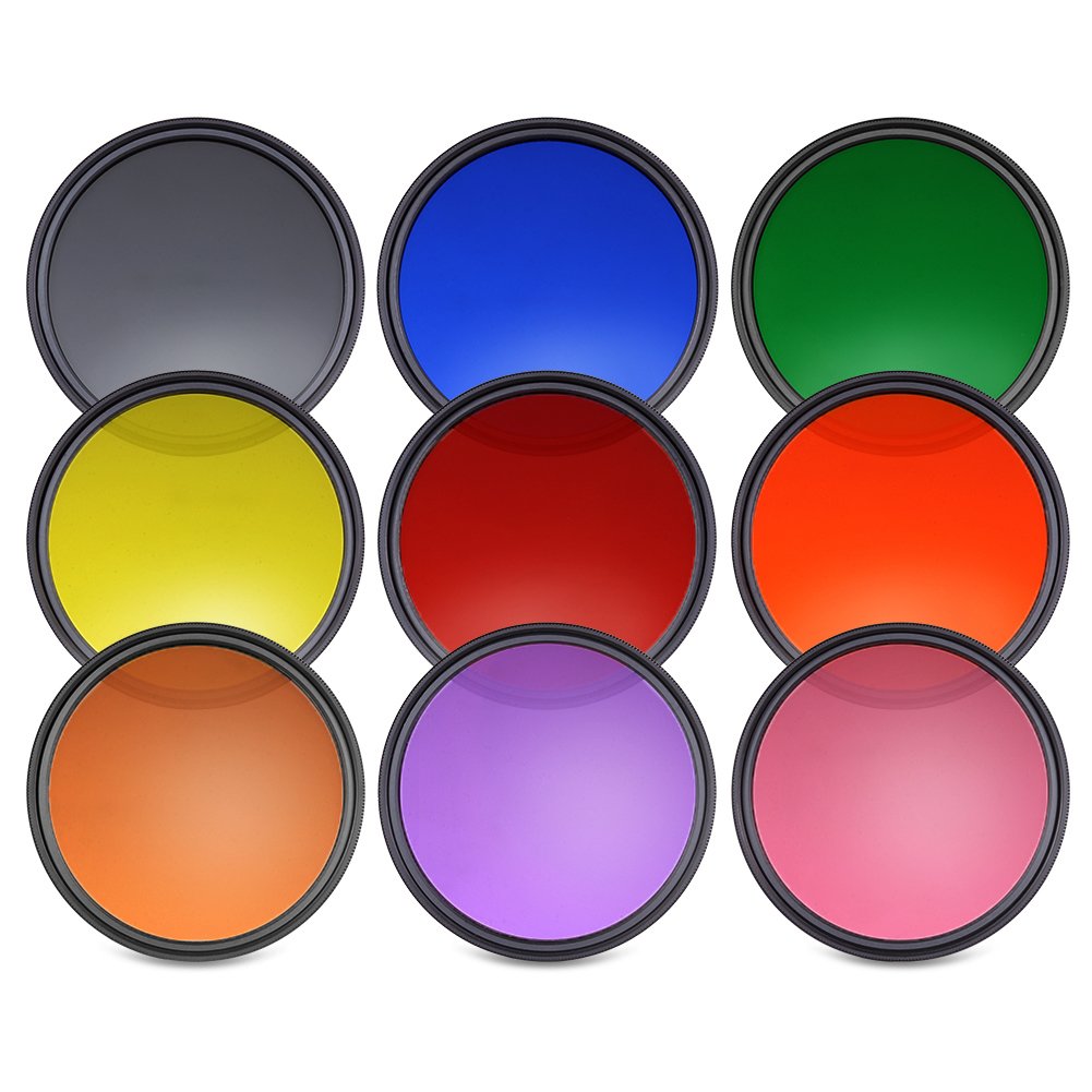 Neewer Kompletny zestaw filtrów obiektywu 58 mm (9 szt.) do obiektywu aparatu z gwintem filtrowym 58 mm – w zestawie: Czerwony, pomarańczowy, niebieski, żółty, zielony, brązowy, fioletowy, różowy i szary filtry ND + woreczek z filtrem ściereczka do czyszc