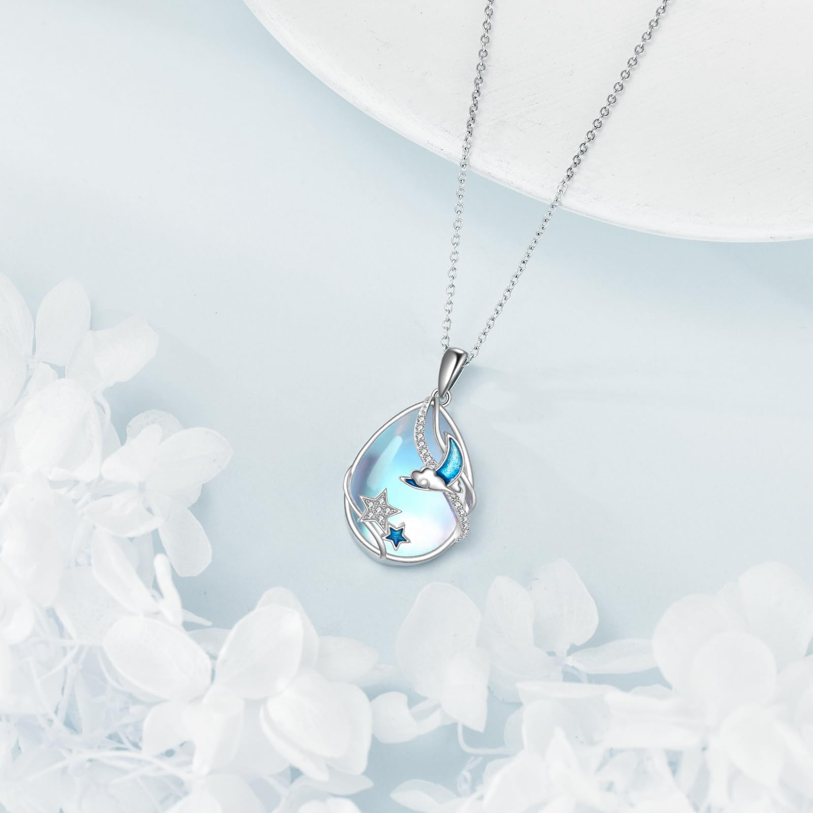KQF Schmetterling/Fuch/Katze/Libelle/Ster/Quallen/Meerjungfrau/Eule Mondstein Kette für Damen Sterling Silber Schmetterling Mondstein Anhänger Kette für Damen Mädchen