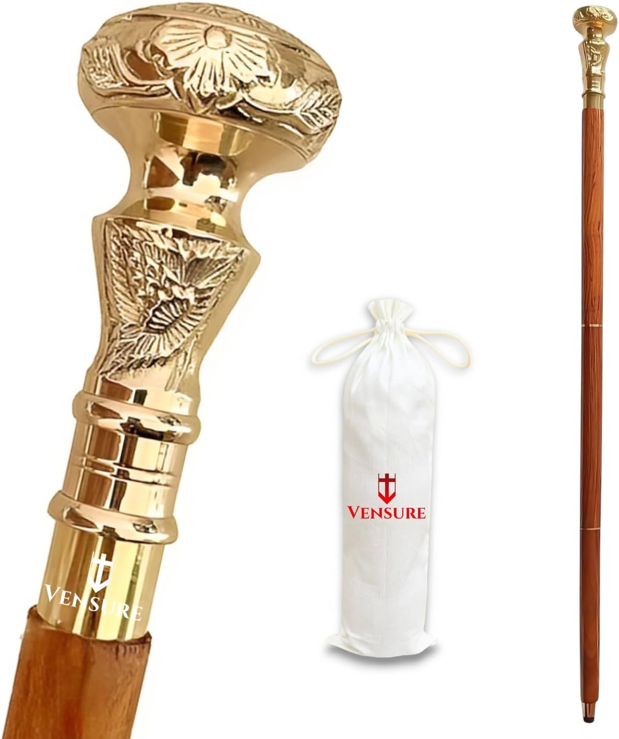 Bastón de madera vintage, bastón de madera con mango de latón dorado, madera marrón, telescopio victoriano, bastón elegante para hombres y mujeres