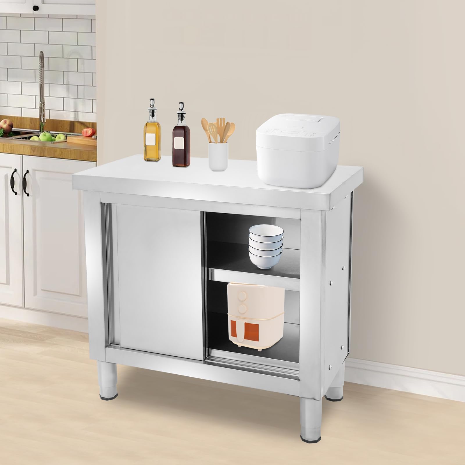 Arbeitsschrank mit Schiebetüren 80cm Edelstahl Arbeitstisch mit Unterschrank Kommerzieller Edelstahltisch Küchen Arbeitstisch Gastro-Edelstahlschrank für Küchen, Restaurant (80x40cm)