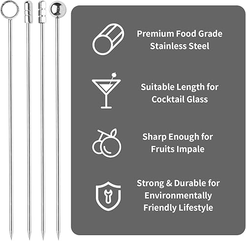 Miniatura 4 de Juego de 20 palillos de cóctel de metal de 4.3 pulgadas + kit de soporte, palillos de cóctel de acero inoxidable 304, brochetas de cóctel