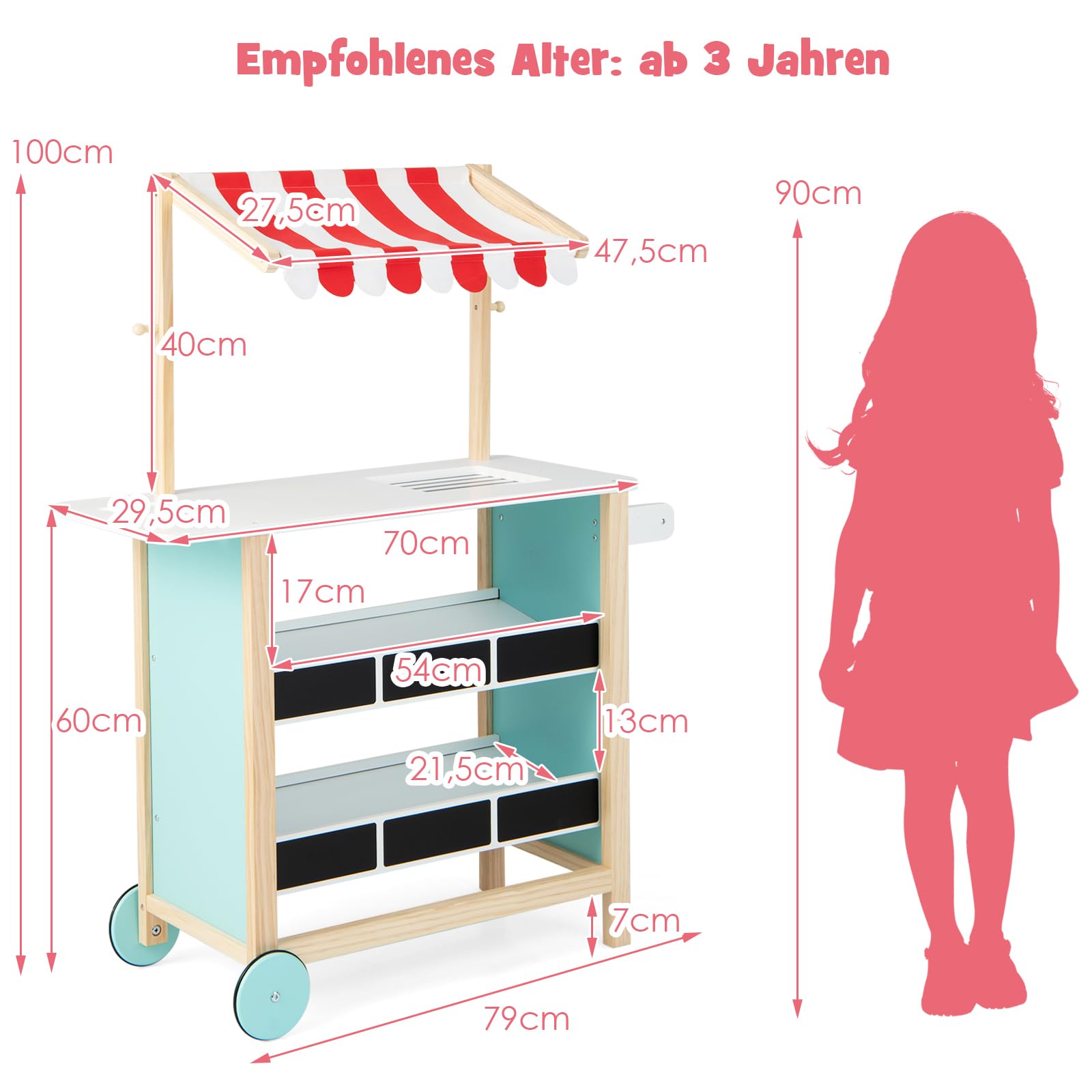 DREAMADE Kinder Eiswagen mit 6 Spielzeug-Eiscreme, Kaufladen aus Holz mit 2 Rädern und Markise, Einkaufsladen für Kinder ab 3 Jahren (Rot)