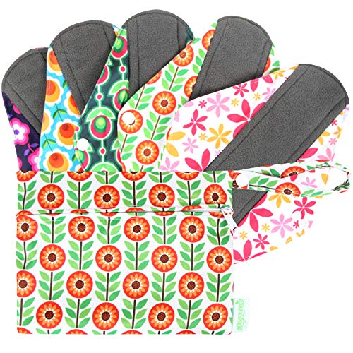 Wegreeco Reusable Menstrual Pads for Women - Sanitary Pads, Panty Liners, Soft Cloth - 5 Pack, 1 Wet Bag (Medium, Flower)