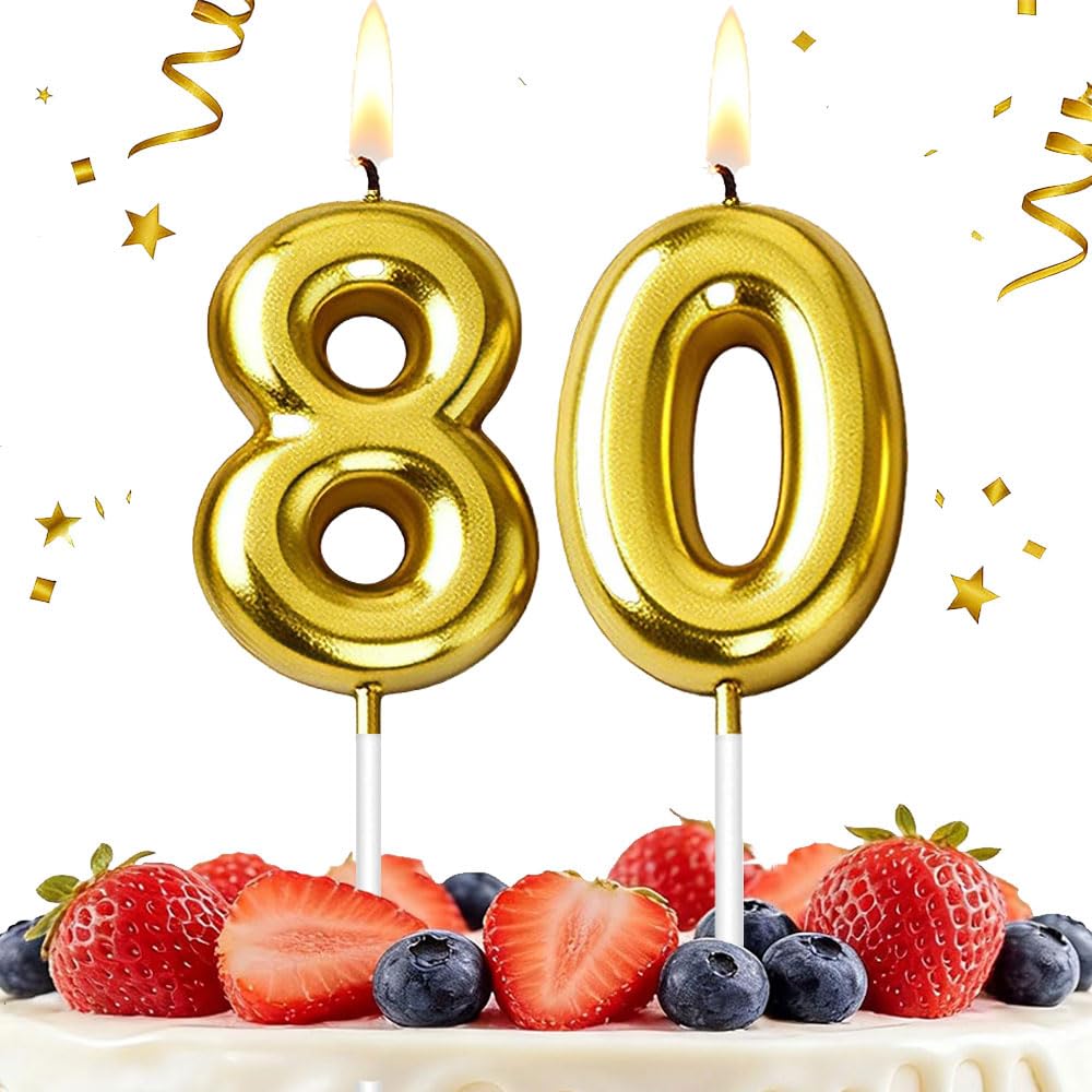 Hlwgfjdy Gold 80Th Birthday Candles Number 80 Cake Topper Happy Birthday Cake Decorations For 80Th Birthday Party, Candles For Birthday Anniversary Celebration Party Supplies
