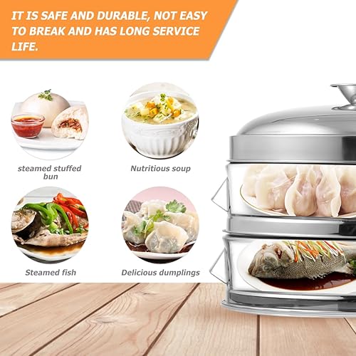 Miniatura 4 de Hemoton Olla de acero inoxidable de 9.4 in con tapa, cesta de vapor apilable de 2 niveles para cocinar albóndigas y postres, utensilios de cocina