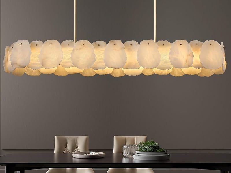 Alabaster Chandelier, 58 Inch Modern Rectangular Chandelier for Dining Room, Dimmable Linear Chandeliers for Kitchen Island, Natural Spanish Marble Stone Chandeliers for Dining Table, Living Room