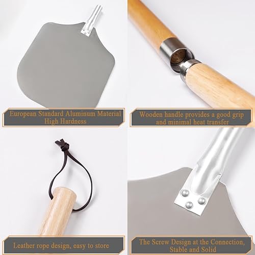 Miniatura 3 de Pala de pizza de aluminio, espátula de pizza de 12 x 14 pulgadas con rueda cortadora de pizza, paleta de pizza con mango de madera desmontable de