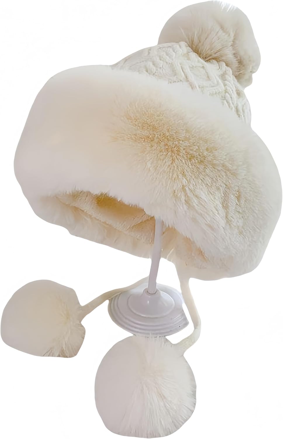 Women's Fluffy Fleece Lined Knit Beanies Hats Winter Peruvian Cover Ears Faux Fur Crochet Cap with Pom Pom, White - Image 4