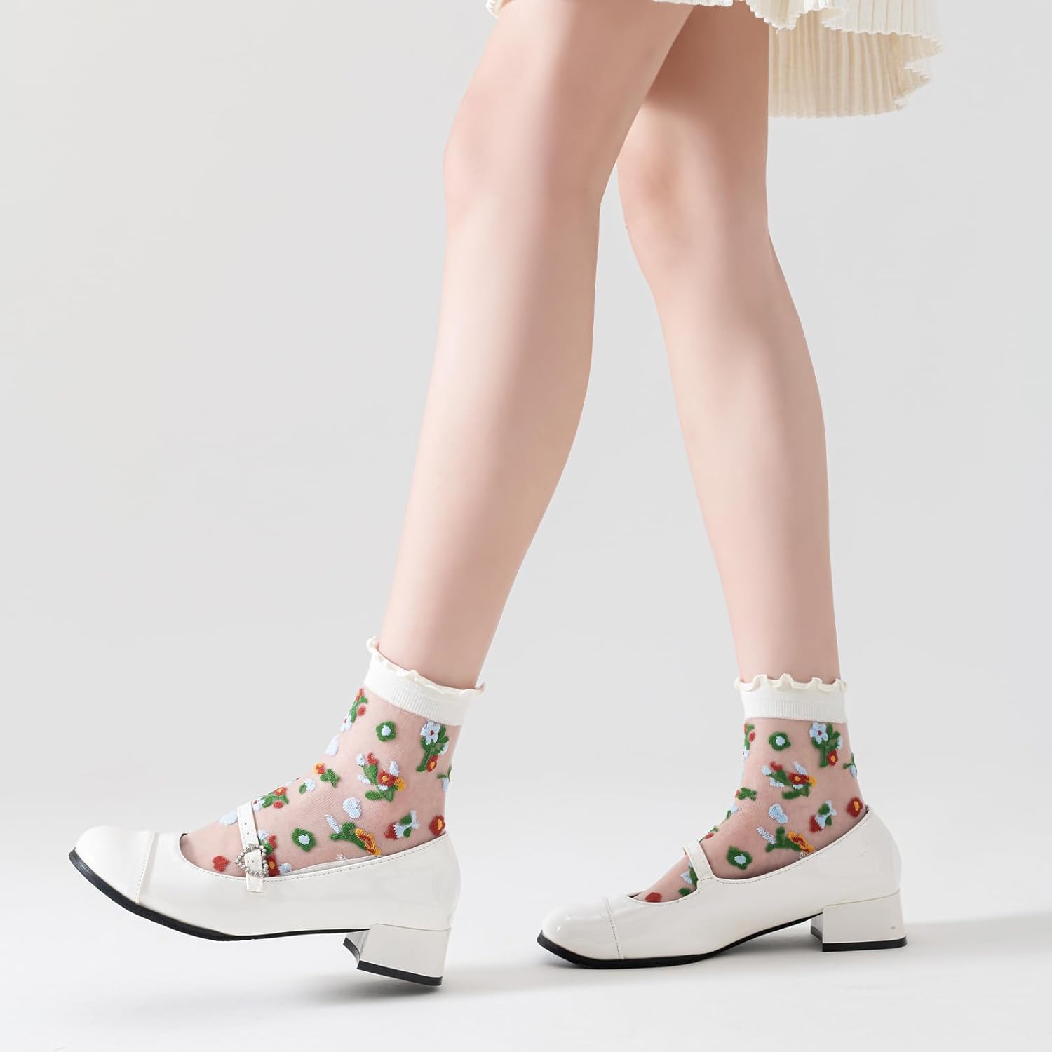 VIBCICY Ruffle Mesh Sheer Crew Socks, Ultrathin Floral Ankle Socks for Women, Summer Transparent Elastic Jacquard - Image 2