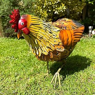 Feeding Hen Garden Ornament Metal Farmyard Chicken Sculpture Outdoor Bird Figure 32cm