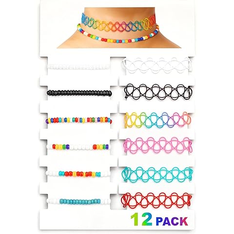 BodyJ4You 12PC Tattoo Choker Necklace - 90s Accessories 2000s Jewelry Y2K Fashion Vintage Trendy - Rainbow Goth Black Pink Green Blue White - Adjustable Stretchy Elastic Necklace Summer Vacation Set