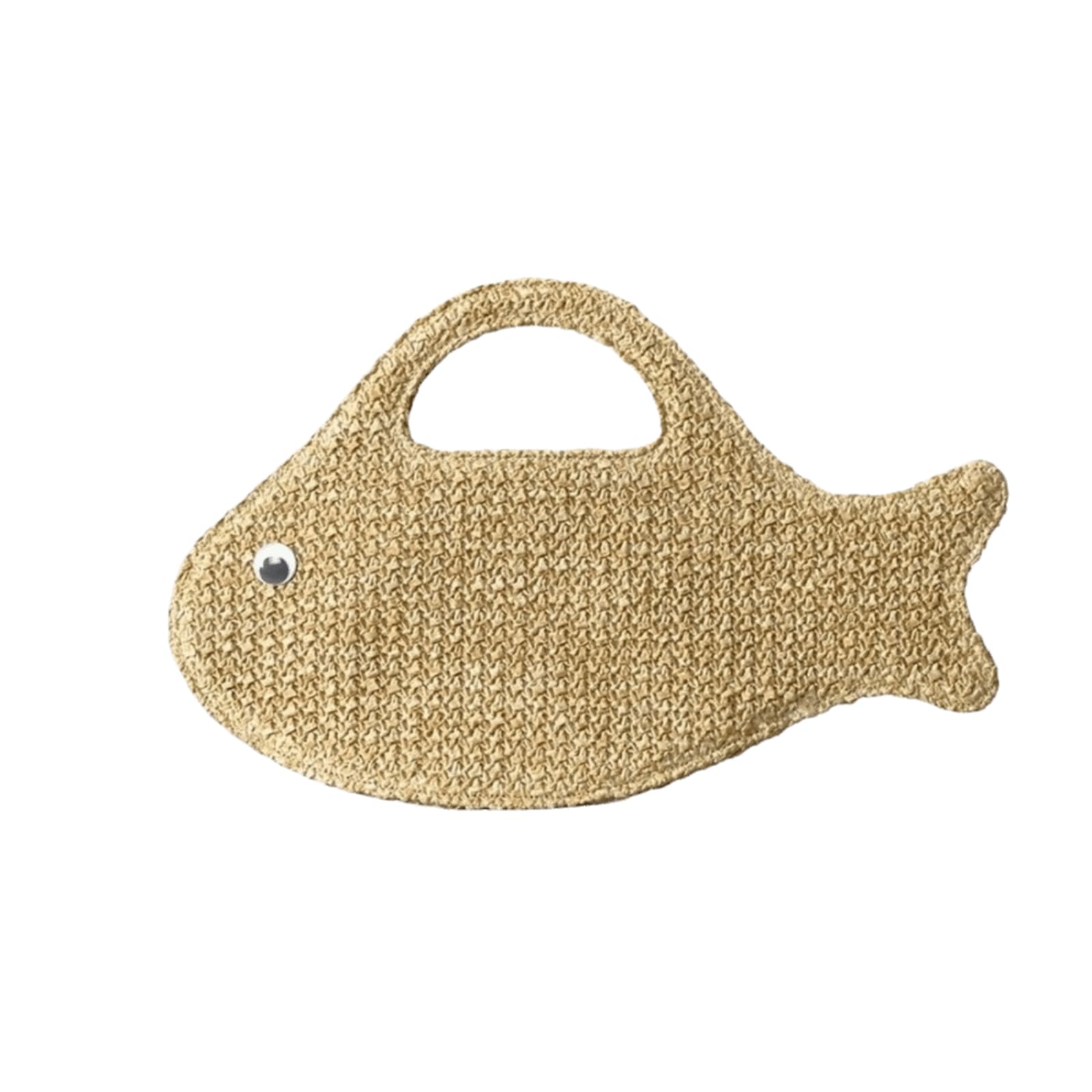Borsa Spalla Paglia Tessuta di Grande capacità Divertente Carina A Maglia Forma Pesce Leggera Ecologica Quotidiana-Khaki