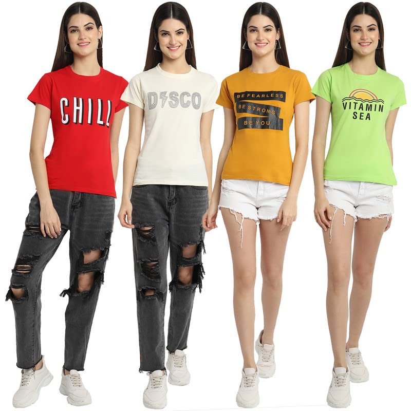 Preneum Zestaw 4 damskich t-shirtów na co dzień z bawełny, proste dopasowanie, nadruk graficzny, krótki rękaw, luźne t-shirty, modne i stylowe