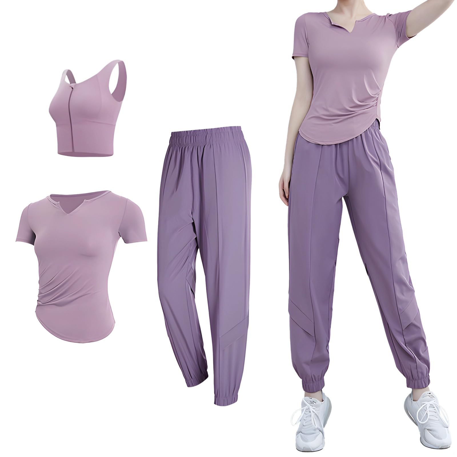 Conjunto de yoga y gimnasio de 3 piezas para mujer, brasier deportivo, camiseta de manga corta y pantalones largos, tela transpirable de elastano y poliéster, talla XXL disponible, Púrpura, talla