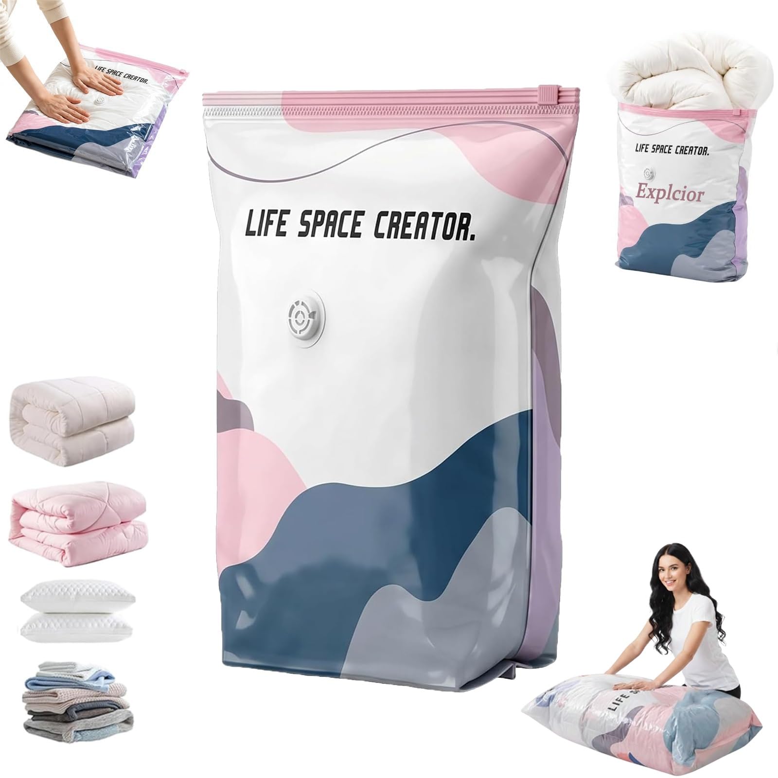 No-Pump 3D Vacuum Storage Bags Large Cube Vacuum Seal Bags Press & seal Roll-Up Compression Bags for Clothes Duvet Travel and Home Comforters Blankets Bedding Compression Space Saver(L)