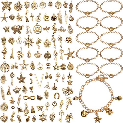 10 Pieces Chain Bracelets Stainless Steel Gold Link Bracelets with 100 Pieces Jewelry Gold Pendant Charms Mixed Metal Charms DIY Gold Smooth Charms for Necklace Bracelet Jewelry Making Supplies