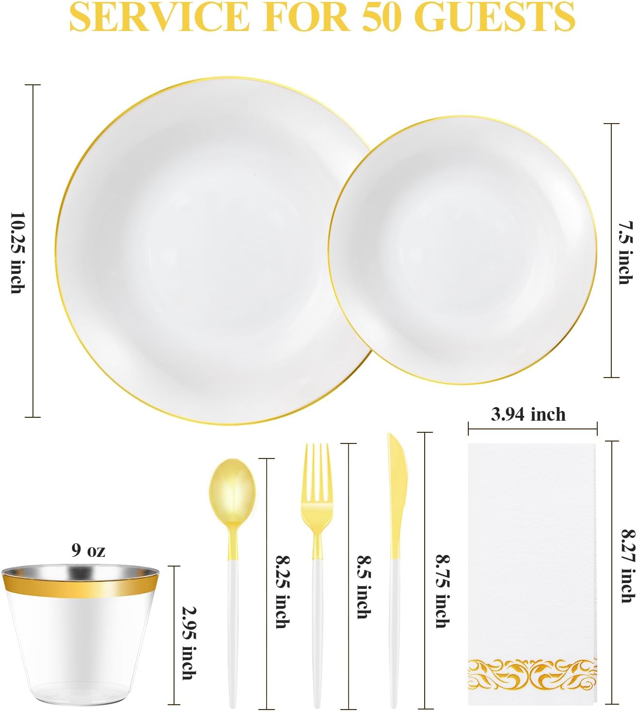 350 Pieces White Gold Plastic Dinnerware Set, Gold Disposable Plates for Party, Graduation, Include 100 White Plates with 150 Plastic Cutlery, 50 Napkins and 50 Cups - Image 2