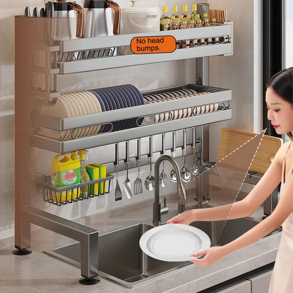 Scolapiatti Extra Large in Acciaio Inox a 2 Ripiani - salvaspazio, Resistente alla ruggine, Design Moderno, scolapiatti da Cucina ad Alta capacità - Perfetto per Piccoli spazi (XL)