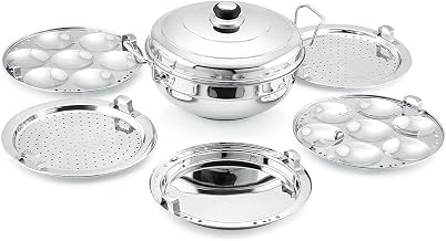 LiMETRO STEEL Stainless Steel Multi Kadai Steamer with Induction & GasTop Compatible 5 Plate 2 Idli | 2 Dhokla | 1 Patra | Momo's | (28.5 cm Dia), 5 liter