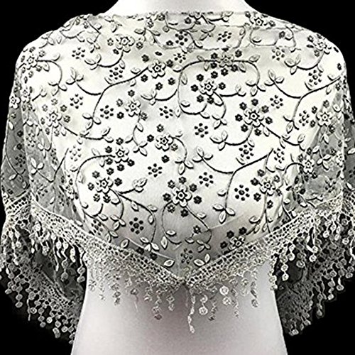 Gilroy Women Hollow Tassel Lace Floral Knit Triangle Mantilla Scarf Shawl - Light Grey #TOP2