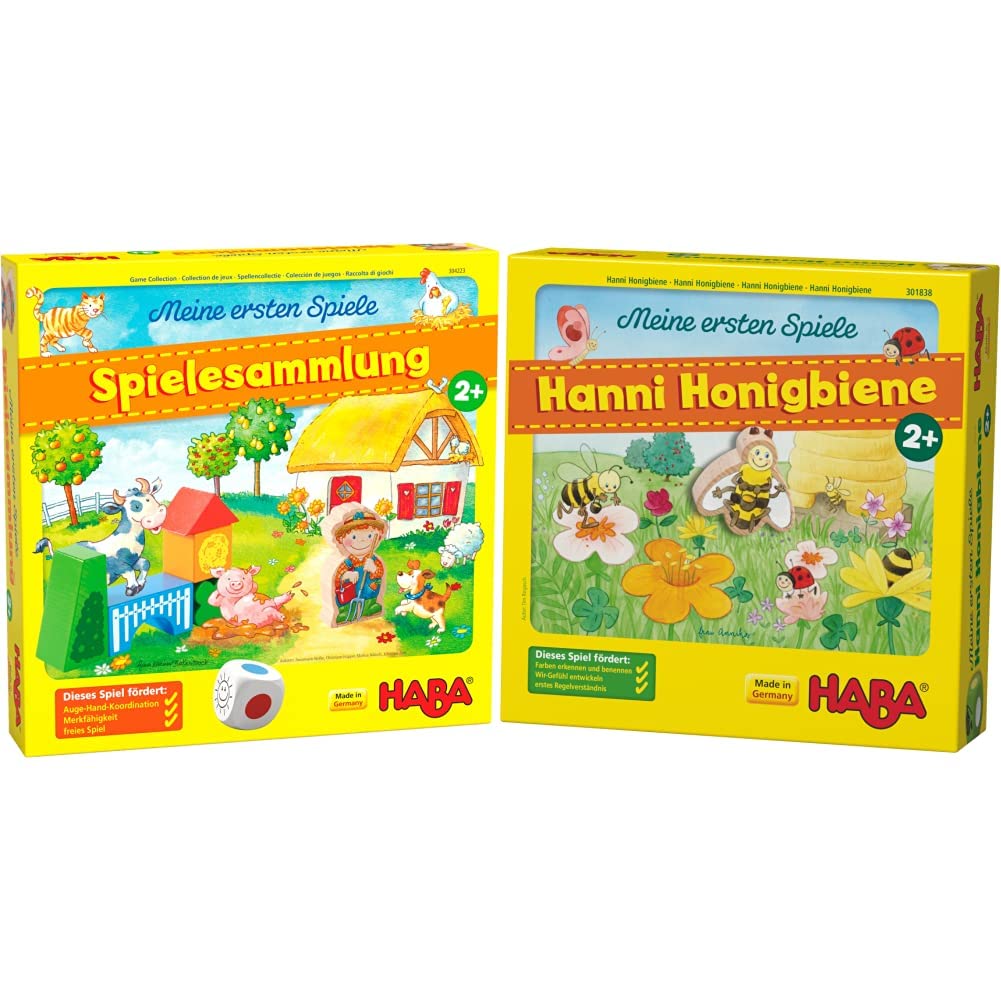 HABA 304223 - Meine ersten Spiele – Spielesammlung, 10 erste Spiele auf dem Bauernhof & 301838 - Meine ersten Spiele Hanni Honigbiene, kooperatives Farbwürfelspiel für 1-4 Spieler ab 2 Jahren